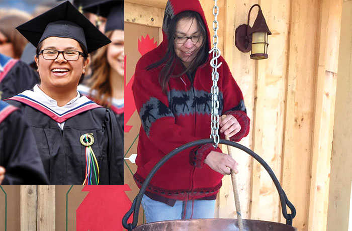 student stirring pot, superimposed graduation photo on top left corner