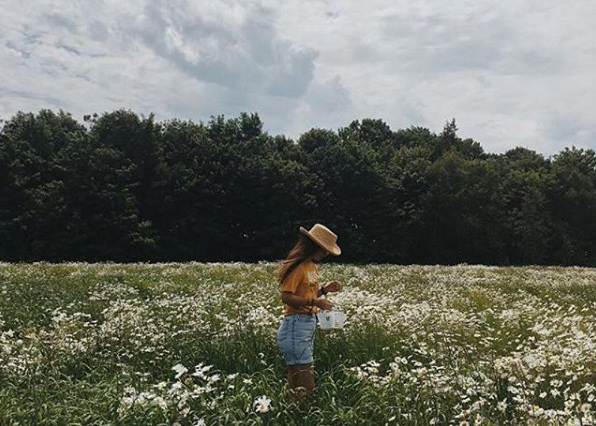 Student in a flower field