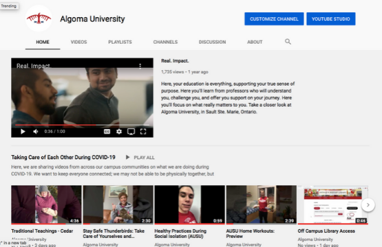 snapshot of algoma university youtube channel