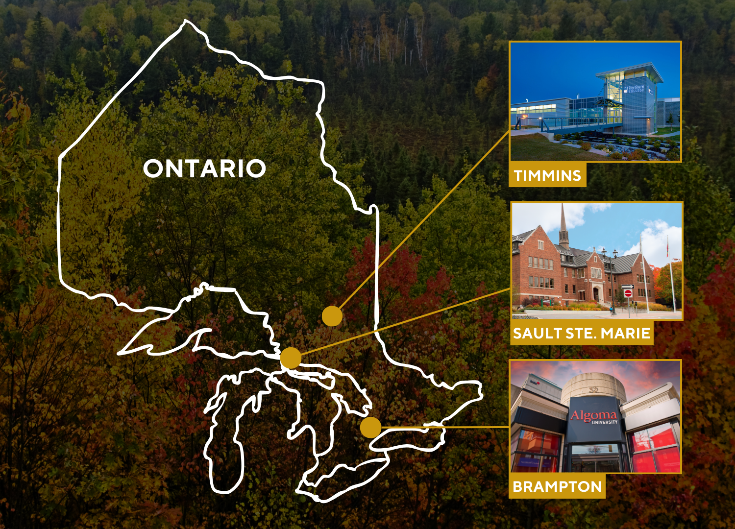 Ontario map with campuses pinpointed