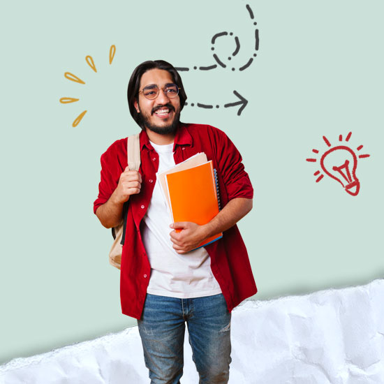 Student smiling with doodles around him